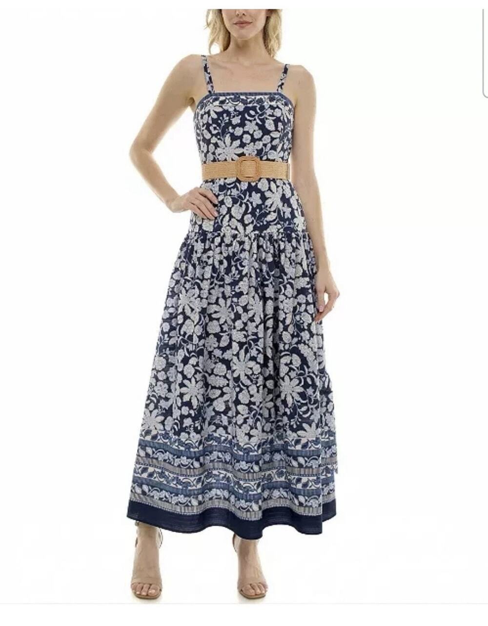 Taylor Women's Blue & White Cotton Belted Floral Print Maxi Dress Size 8